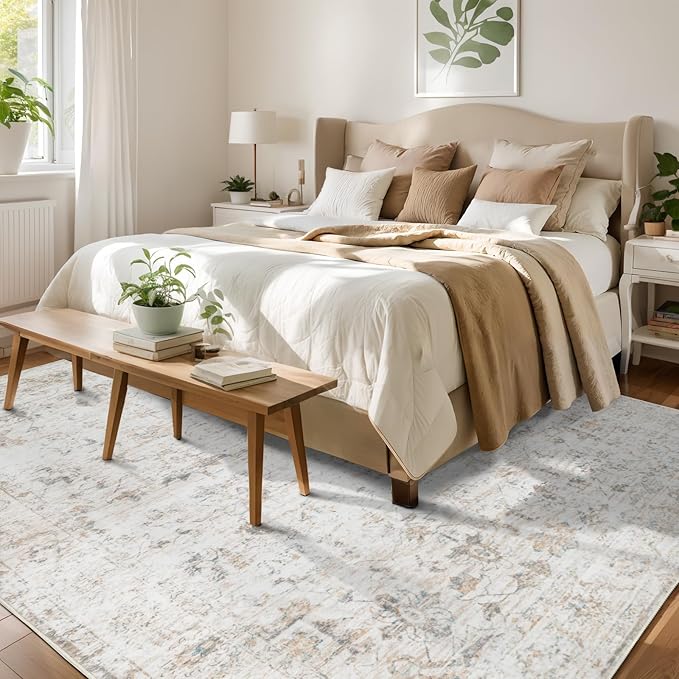 Washable 6×9 Area Rug for Living Room, Vintage Floral Rug Soft Non Slip Stain Resistant Boho Carpet for Indoor Bedroom Dinning Room Home Office Beige