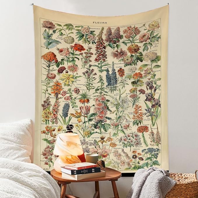 Vintage Flowers Tapestry 59”x51”, Long Vertical Wall Hanging Reference Illustrative Botanical Tapestries for Bedroom Aesthetic Floral Tapistry Botanical Plants Tapestry Wall Hanging Cute Bedroom Decor