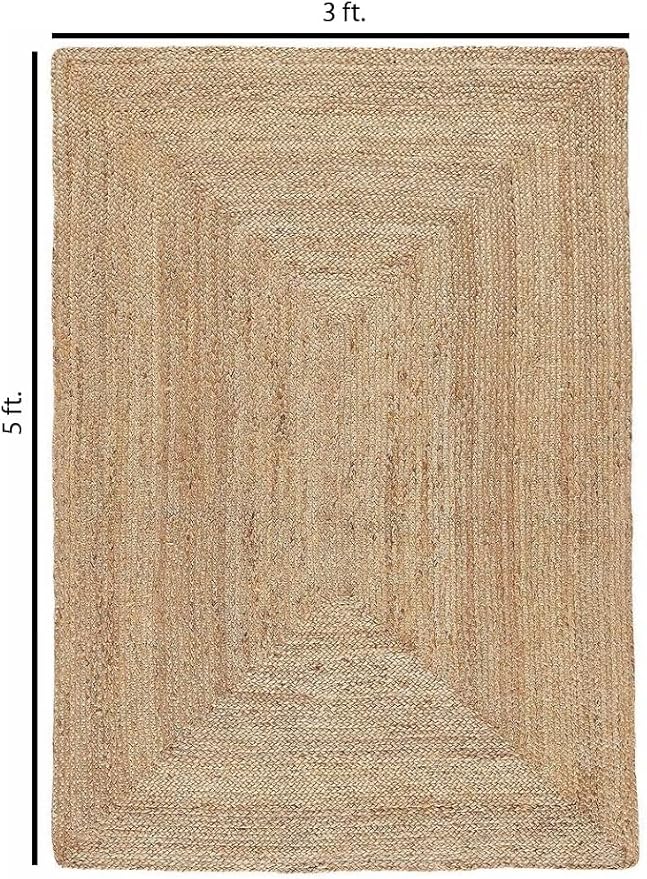 FRELISH DECOR Handwoven Jute Area Rug - 3x5 Feet Natural Yarn - Rustic Vintage Beige Braided Reversible Rectangular Rugs for Bedroom - Kitchen - Living Room - Farmhouse (3' x 5')