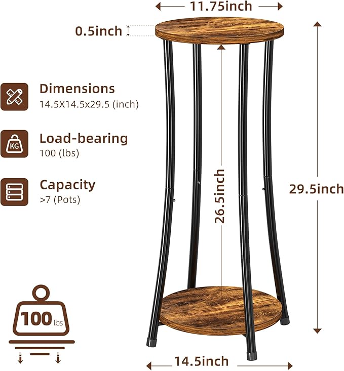 2-Pack Plant Stand Indoor Outdoor, 2-Tier Round Flower Pot Holder with Rustic Brown Finish, Corner Plant Shelf for Balcony, Garden, Patio or Living Room