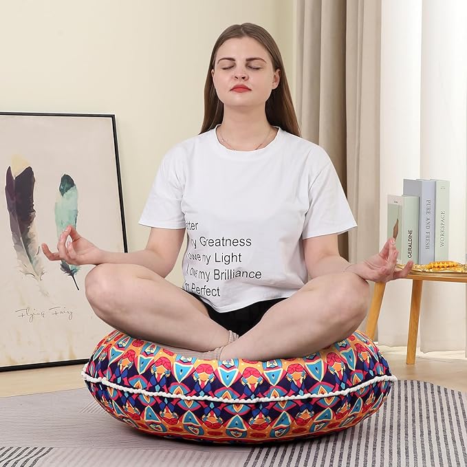 32 inches Meditation Floor Cushion for Adults, Round Large Thick Floor Pillow, Memory Foam Filling, Red