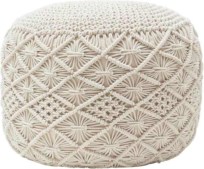 Ornavo Home Pouf Ottoman Foot Rest - 100% Cotton Pouffe - Hand Knitted Macrame Braid - Boho Round Stuffed Ottoman for Living Room, Bedroom - Natural