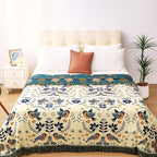 Boho Throw Blanket, 100% Organic Cotton Breathable Ultra Soft 80" x 90" Bed Quilt Throw - Floral Rustic Bird Farmhouse Decor Luxury Reversible Blanket for Sofa Couch Chair and Gift,Teal/Beige
