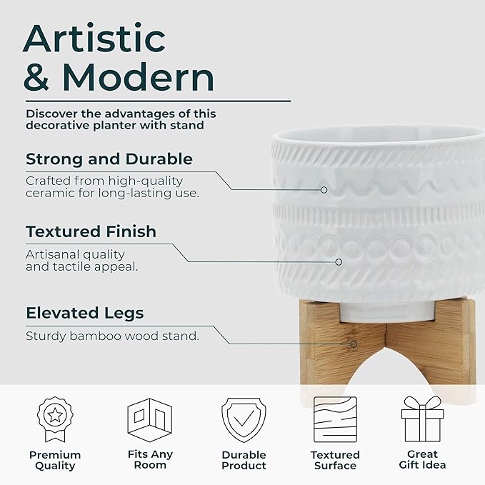 Tribal Look Footed Decorative Planter Pot – Ceramic Stoneware Outdoor and Indoor Plant Pot – Modern Garden and Home Decor Ceramic Planters with Wooden Stand– 8", White
