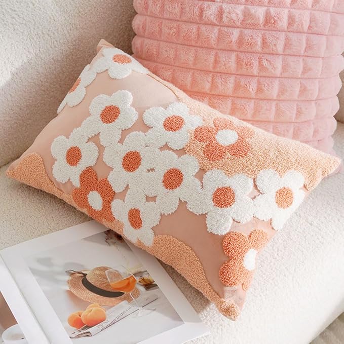 vctops Spring Floral Tufted Decorative Throw Pillow Covers Cute Flower Lumbar Pillow Cases Soft Velvet Couch Cushion Cover for Chair Sofa Bedroom Living Room Home Decor (Pink,12"x20")