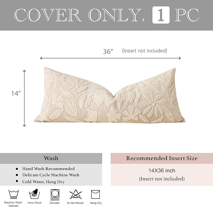 BlissBlush 14x36 Lumbar Pillow Cover for Bed, Rectangular Decorative Long Throw Pillowcase, Embroidered Farmhouse Accent Cushion, Beige Neutral Floral Tufted (Cover Only)