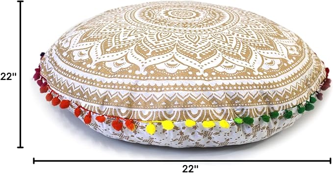 CRAFT KALA 22" Round Mandala Boho Pillow Cover Meditation Room Seating Poufs Cover for Living Room Yoga Room Home Bedroom Balcony Garden Party Decoration Cotton Floor Cushion Cover (White Gold Ombre)