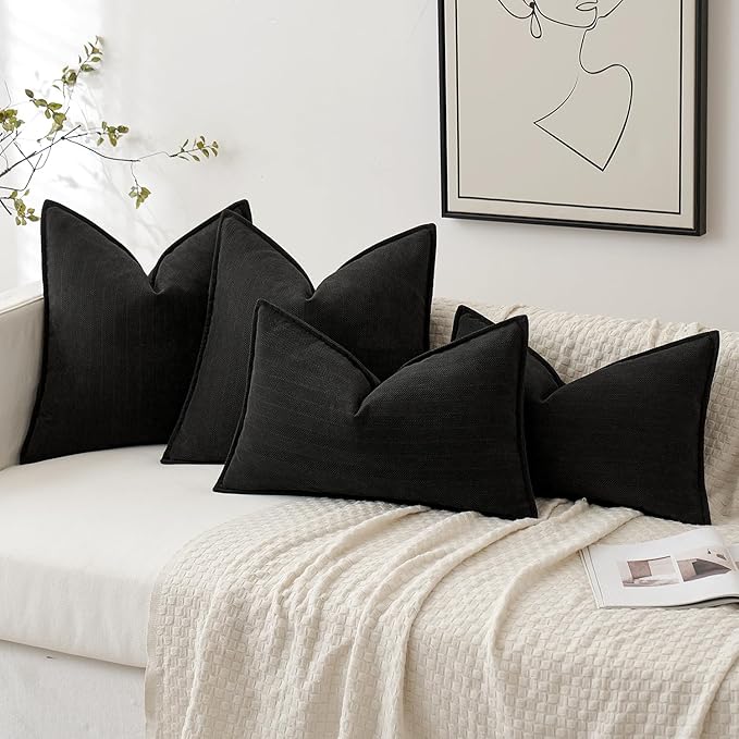 MIULEE Pack of 2 Black Decorative Lumbar Pillow Covers 12x20 Inch Soft Chenille Luxurious Couch Throw Pillows Farmhouse Cushion Covers with Elegant Design for Sofa Bedroom Living Room Home Decor