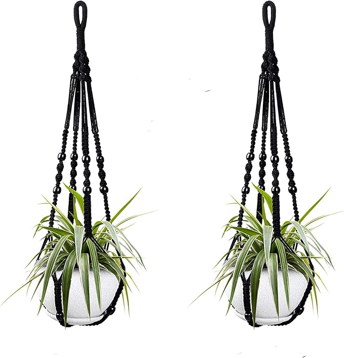 Macrame Plant Hanger Indoor Hanging Planter Basket with Wood Beads Handmade Woven Cotton Rope Flower Pot Holder Stand for Boho Outdoor Home Decor No Tassels, 35 Inch, Set of 2