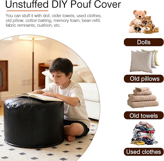 Unstuffed Ottoman Pouf Cover 20 X 15 Inch, Round Pu Leather Foot Stool, Floor Bean Bag(No Filler), Foot Rest with Storage for Living Room/Bedroom/Office, Black
