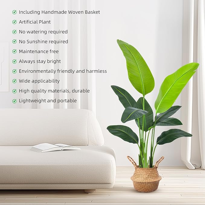 Bird of Paradise Plant Artificial 4ft, Faux Banana Leaf Tree with 9 Trunks in Pot and Woven Seagrass Belly Basket - The Perfect Silk Faux Plant for Indoor Outdoor House Living Room Decor