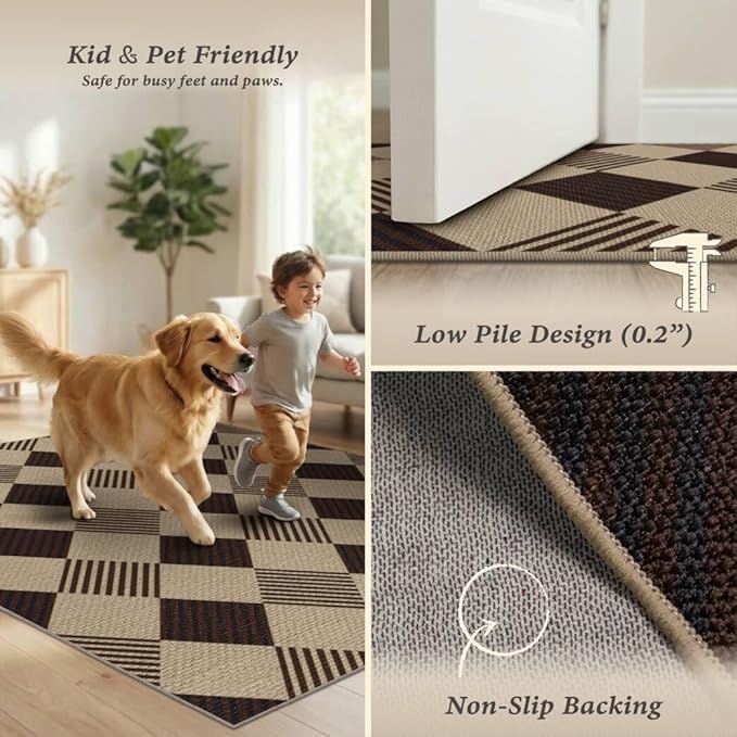 Washable Easy Jute 3x5 Entryway Rug - Door Mat Indoor Entrance, Diamond Rug for Entry Way, Kitchen, Low Pile Light Brown Geometric Striped Woven Front Door Décor