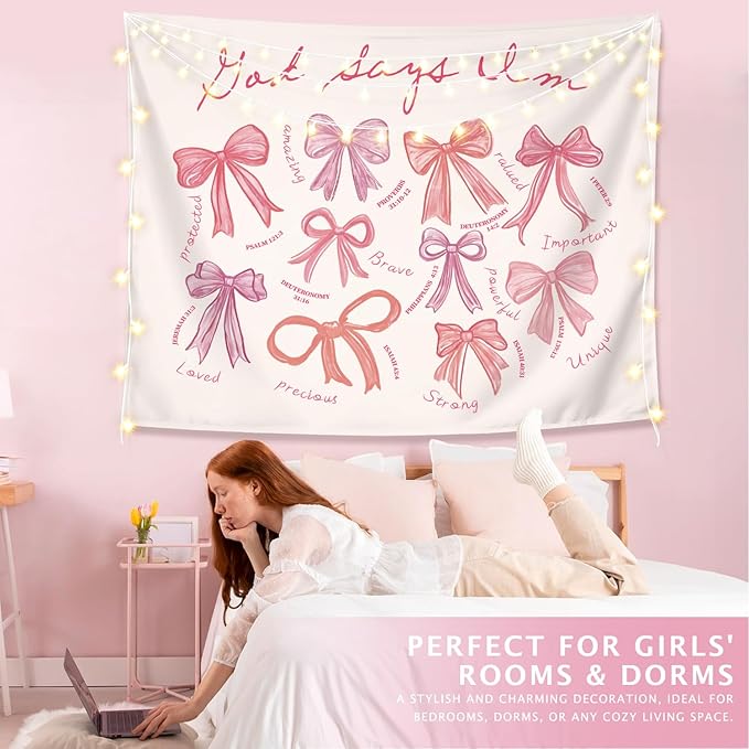 LIANGW Coquette Pink Bow Christian Tapestry Wall Hanging, Preppy Room Decor, God Says I am Christian Verse Wall Blanket Decor for Girls Room Dorm Apartment, 50x60 Inch