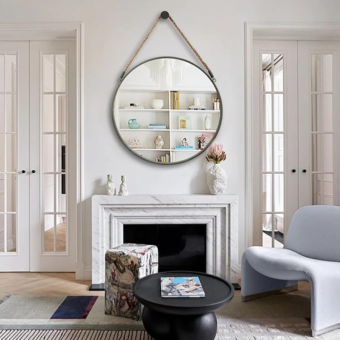 POZINO Large Round Rope Mirror, 30 Inch Circle Farmhouse Mirror, Hanging Mirror for Bathroom Bedroom Living Room Entryway Home Decor, Grey