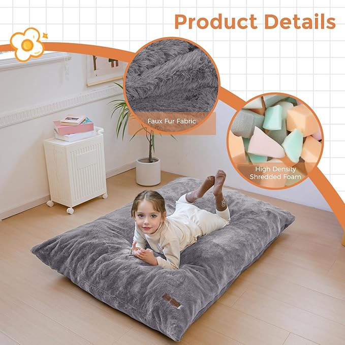 MAXYOYO 3 in 1 Kids Bean Bag Chair Bed, Child Floor Sofa for Gaming, Reading, Faux Fur Floor Mattress with High-Density Foam Filling for Living Room Bedroom