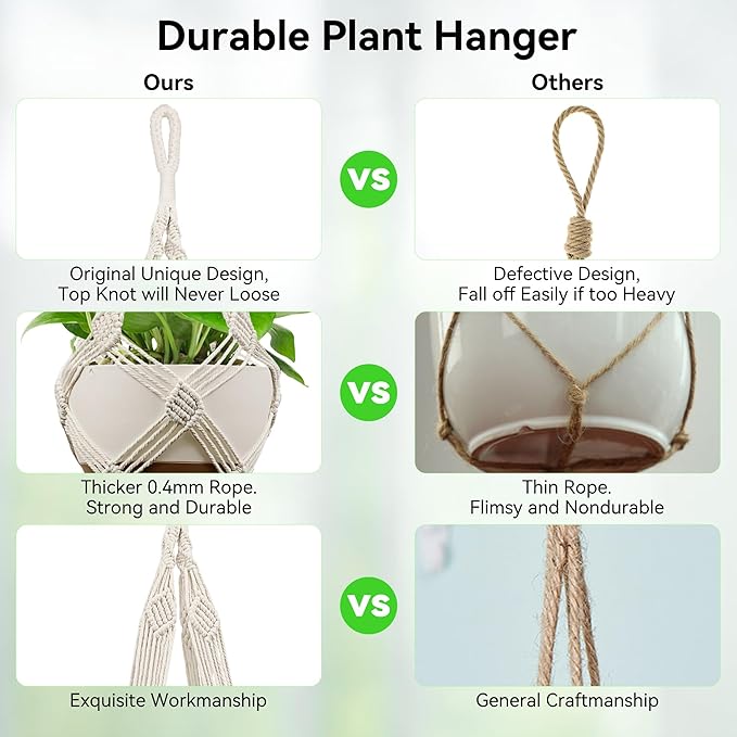 USLAI Macrame Plant Hanger Indoor Outdoor, Up to 4-12 inch Pot, Heavy 20lb Planters, Extra Long Strong Hanging Planter Basket Holder, Boho Home Decor, 42+42 Inch, Ivory (POTS NOT Included)