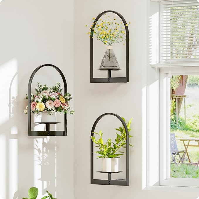Black Metal Wall Plant Holder - 3-Pack Wall Mounted Plant Stands and Hanging Holders for Indoor Planter and Flower Pot - Arch Decor Shelf for Plant Storage (Pot Not Included)
