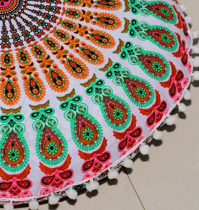 CRAFT KALA 22 Inch Meditation Floor Pillow Cover Round Pillow Seating Hippie Decorative Adults Bohemian Mandala Cushion Cover Outdoor Living Room Throw Ottoman Poufs Cover 22", Musturd Mirchi