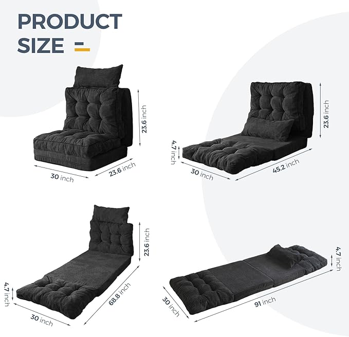 MAXYOYO Folding Sofa Bed, Tufted Bean Bag Bed with Pillows Floor Mattress for Adults, Extra Thick and Long Floor Sofa, Single Couch for Bedroom Living Room, Black, 30x91 Inch