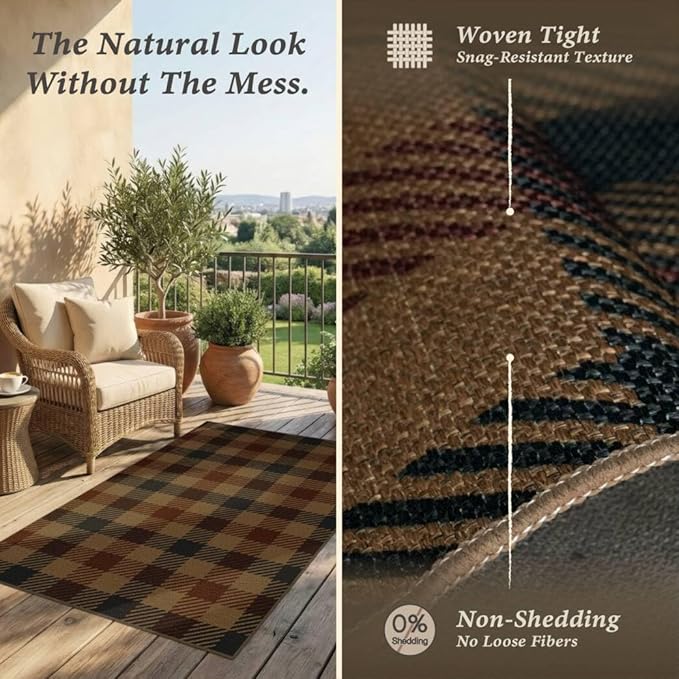 JTJ Vintage Large Door Mat Indoor Entrance - 3x4 Easy Jute Fall Rugs Outdoor for Patio, Balcony, Kitchen, Mudroom, Washable Earthy Brown and Red Checkered Elegence Décor