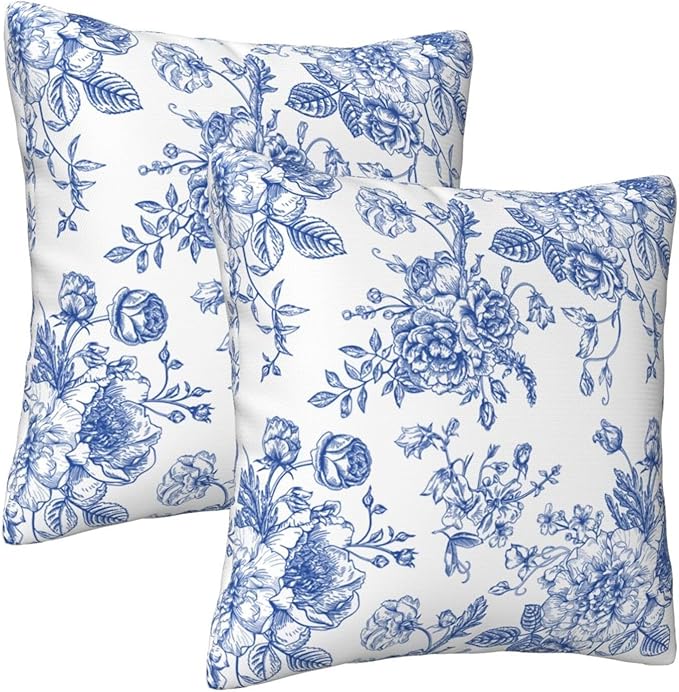 Chinoiserie Blue and White Pillow Covers 18x18 Set of 2, Flower Floral Throw Pillow Covers Outdoor Decorative Pillow Case for Couch Bed Sofa Cushion Home Decor