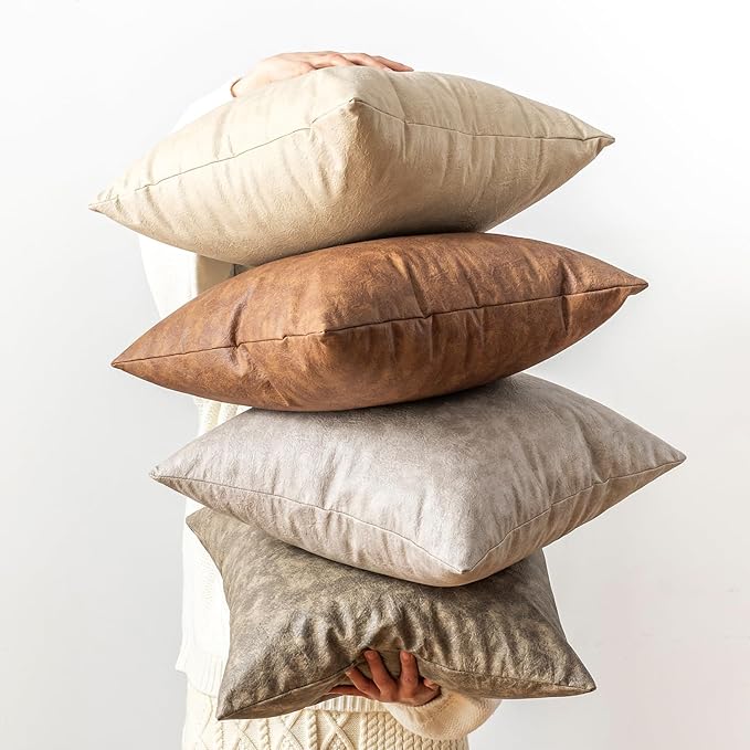 Pack of 4 Oversized Faux Leather Neutral Decorative Throw Pillow Covers 24x24 inch, Soft Modern Boho Luxury Waterproof Floor Cushion Cases, for Outdoor Lounge Sofa Couch Bed Home Decor