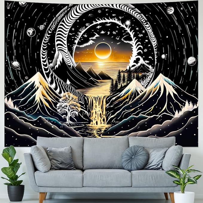 Amhokhui Black and White Tapestry Sun Mountain Tapestry Starry Night Aesthetic Tapestries Trippy River Landscape Tapestries Dark Wall Hanging Decor for Home