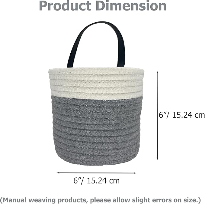 Cotton Rope Hanging Baskets for Organizing 2 Pcs Round Small Wall Basket with Handles Woven Organizer Storage Basket for Kitchen Bedroom Living Room Office(6”x6”, Light Dark)