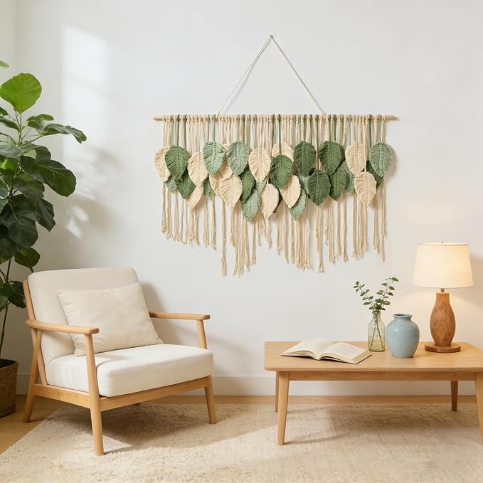 Macrame Wall Hanging Boho Wall Tapestry Handmade Woven Leaf Wall Decor Crochet Wall Art for Home Office Apartment (Green, 51.2" W x 34.3" L)