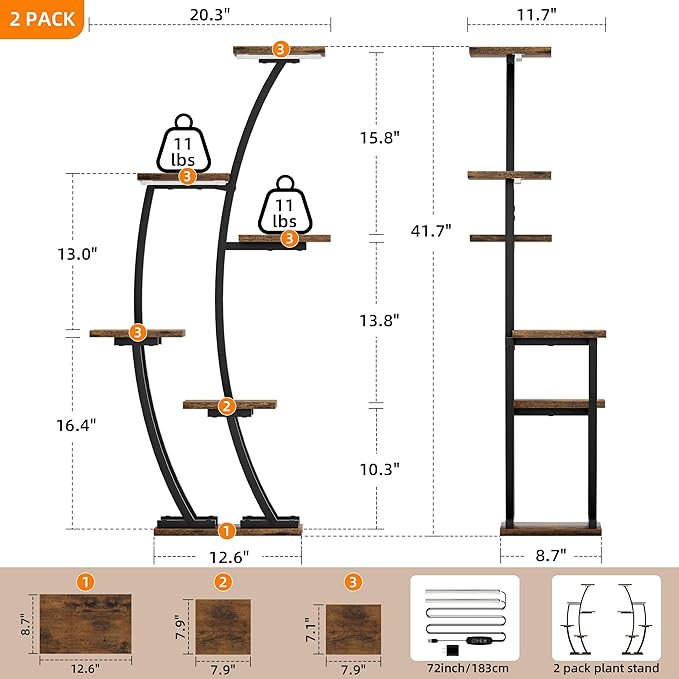 Plant Stand Indoor with Grow Lights, Plant Shelf Indoor 2 Pack, Corner Plant Stands for Indoor Plants, 6 Tiered Plant Flower Display Shelf, Half-Moon Plant Rack for Home, Living Room, Black