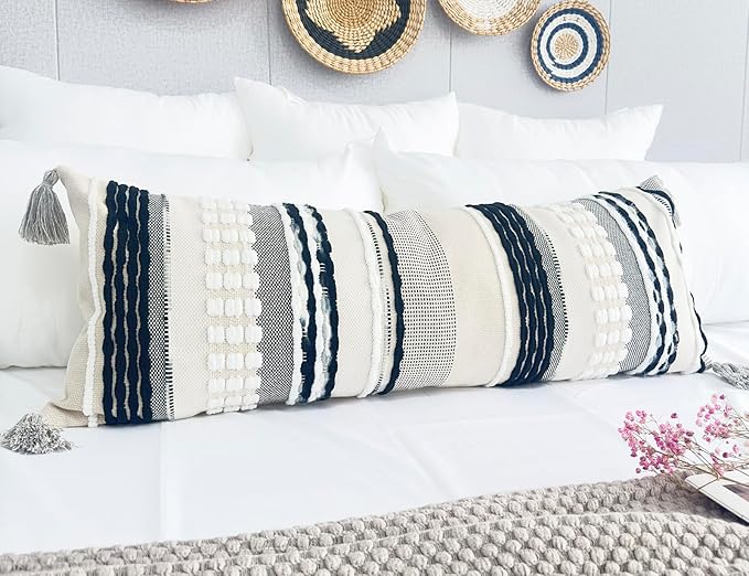 Chenille and Cotton Long Pillow for Bed, Striped Textured Boho Lumbar Throw Pillow Cover 14x36, Neutral Accent Decorative Extra Long Body Pillow Case for Couch, Sofa, Bedroom, Black and White