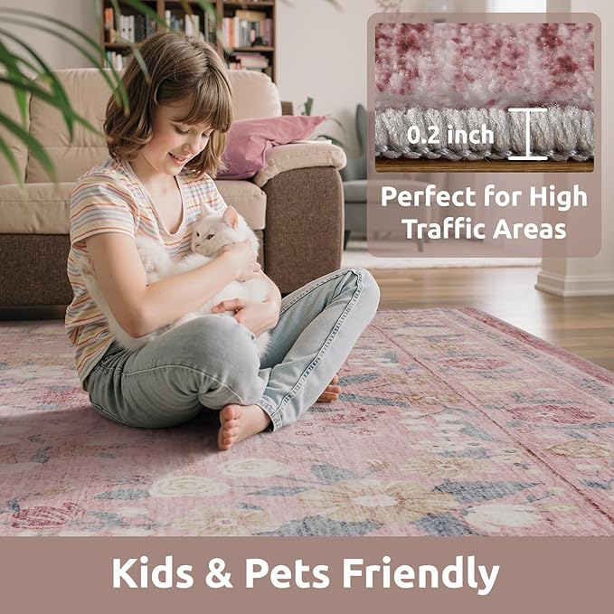 AMOAMI Vintage Floral 5x7 Area Rugs for Living Room Rug, Machine Washable Rug Non Slip Large Area Rug for Bedroom Indoor Low Pile Carpet Ultra Soft Boho Rugs for Dining Room Playroom Office, Pink