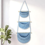 Boho Style Handwoven Rope Hanging Basket - 3-Tier Detachable Storage Organizer for Kitchen/Bathroom/Entryway, 3 Included Heavy-Duty Hooks, 7 Color Options Available (Blue)