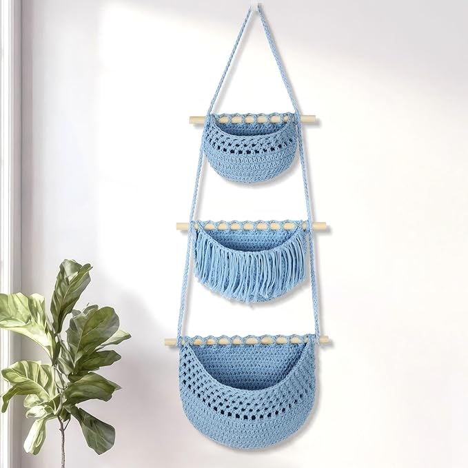 Boho Style Handwoven Rope Hanging Basket - 3-Tier Detachable Storage Organizer for Kitchen/Bathroom/Entryway, 3 Included Heavy-Duty Hooks, 7 Color Options Available (Blue)