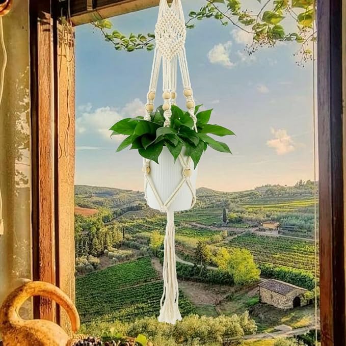 Hanging Planter, Macrame Plant Hanger, Indoor/Outdoor, Large, White, Round, Boho Style
