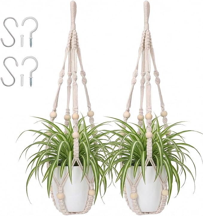 Macrame Plant Hanger 23", Set of 2 No Tassel Hanging Plant Holder Indoor, Sturdy Flower Pot Holder with 4 Hooks - Ivory (Pot NOT Included)