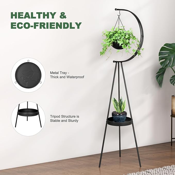 airogym Plant Stand, Metal Plant Holder Indoor Outdoor, Modern Iron Flower Pots Rack, Multifunctional Planter Display Shelf with Hanging Planters for Garden Patio Room, Corner Balcony Decor (Black)