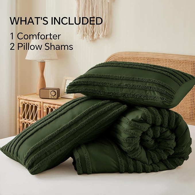 BEDELITE Boho Comforter Set Queen Size, Olive Green Tufted Striped Bed Set 3 Pieces, Soft Vintage Farmhouse Comforter for All Seasons, Boho Home Decor,Fluffy Jacquard Bedding with 2 Pillow Shams