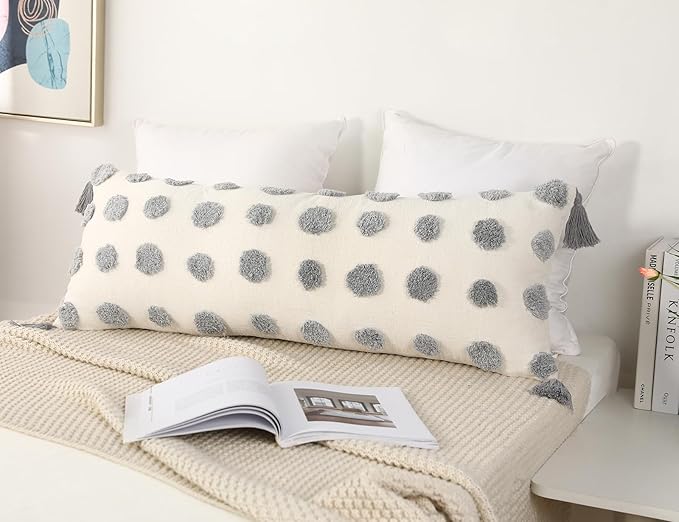 PANOD Decorative Long Lumbar Pillow Cover 16x36 Boho,Super Soft Chenille Extra Long Lumbar Pillow Case Cover with Tassel for Bed Sofa Couch Farmhouse Livingroom,Grey,Modern Skinny