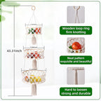 3-Tier Macrame Hanging Basket - Cotton Rope Fruit & Vegetable Storage Organizer, Boho Decor Kitchen Hanging Baskets with Hooks, Decorative Plant Holder for Home, Farmhouse, Grocery (Natural, 12")