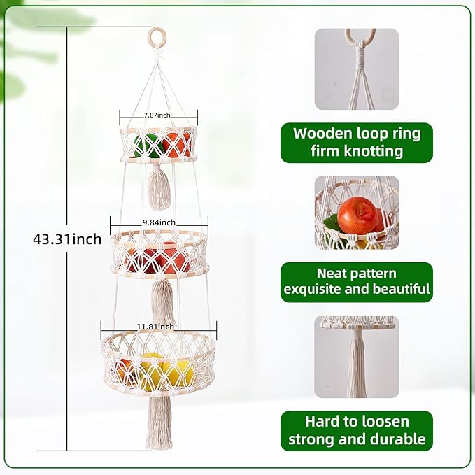 3-Tier Macrame Hanging Basket - Cotton Rope Fruit & Vegetable Storage Organizer, Boho Decor Kitchen Hanging Baskets with Hooks, Decorative Plant Holder for Home, Farmhouse, Grocery (Natural, 12")