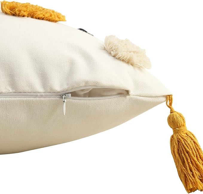 Merrycolor Boho Throw Pillow Covers 18x18 Yellow Orange Pom Pom Tufted Decorative Pillow Covers with Tassels Woven Bohemian Pillow Case Modern Accent Square Cushion Cover for Couch Sofa Bedroom