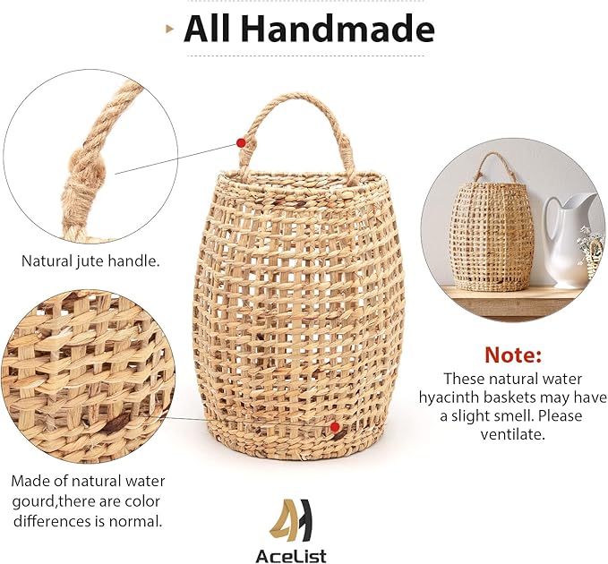 AceList Set of 2 Water Hyacinth Wall Hanging Baskets, Wall Basket Storage for Flowers & Plant, Decorative Boho Coastal for Front Door, Closet, Living Room or Entrance (Original)