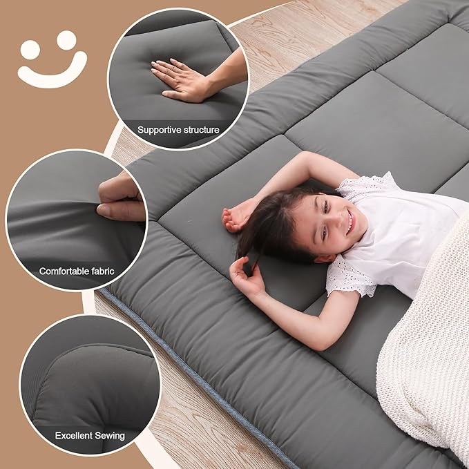 WhatsBedding Japanese Floor Mattress Futon Mattress 3" Grey Tatami Mat Shredded Memory Foam Filled Sleeping Pad, Foldable & Portable Roll Up Lounger Camping Bed for Kids and Adult,Queen Size 60"x 80"