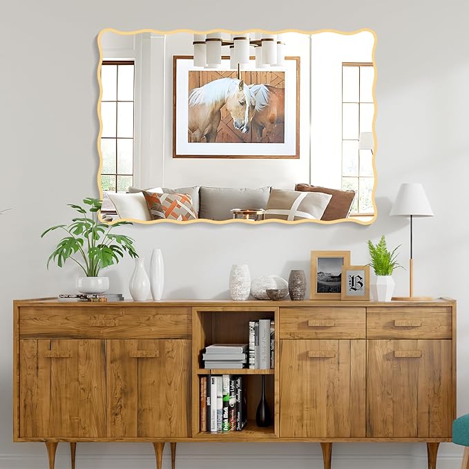 Gold Wavy Bathroom Mirror 28" x 40" Rectangle Scalloped Mirror for Wall Decor, Bathroom Vanity, Bedroom, Living Room, Entryway
