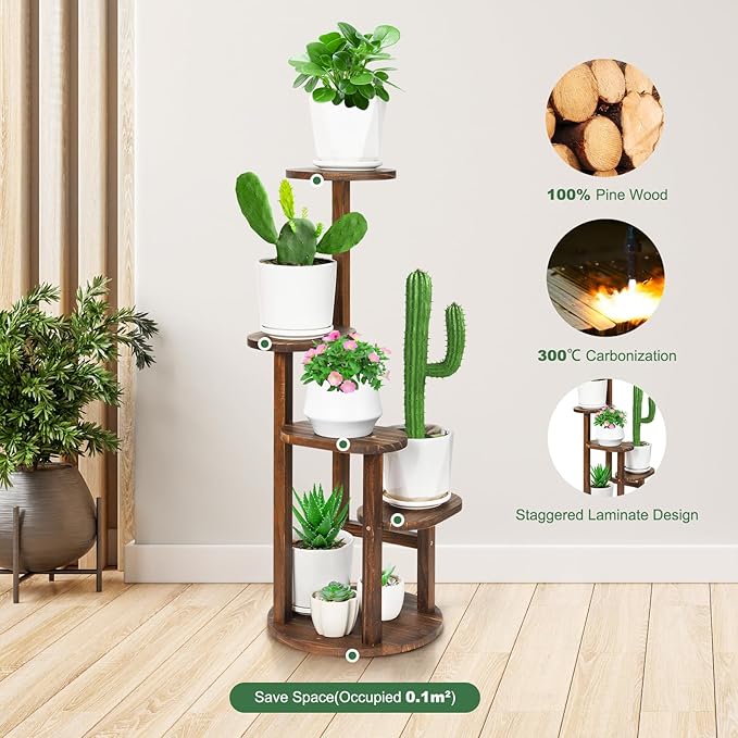 4 Tier Tall Plant Stand Indoor, Wood Corner Plant Shelf for Multiple Plants, Sturdy Oval Tiered Flower Pot Holder Display Rack for Living Room Balcony Patio,Carbonized Wood