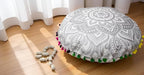 CRAFT KALA Large Round Bohemian Floor Pillow Pouf Cover Mandala Meditation Room Pillow Cover for Adults Boho Seating Poufs Cushion Cover for Kids Playroom 32" Round Silver Flower