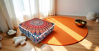 CRAFT KALA Large Hippie Mandala Meditation Floor Ottoman Pillow Cushion Pouf Cover Square Poufs Bohemian Circle Floor Cushion Case Outdoor Fireplace Yoga Living Room Decor Cover Orange, 18" Square