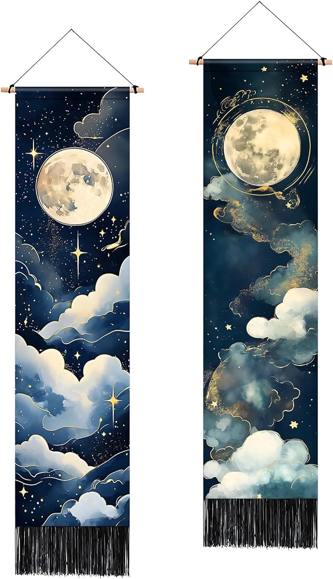 AOHMPT Pack of 2 Long Vertical Tapestry,Nature Landscape Tapestry with Serene Mountain River, Moon & Sun Motifs,Traditional Ink Painting Wall Art , Zen Aesthetic Wall Hanging for Living Room Bedroom Decor 13" W x 51" H"