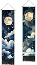 AOHMPT Pack of 2 Long Vertical Tapestry,Nature Landscape Tapestry with Serene Mountain River, Moon & Sun Motifs,Traditional Ink Painting Wall Art , Zen Aesthetic Wall Hanging for Living Room Bedroom Decor 13" W x 51" H"